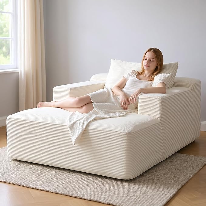 Monroe Convertible Chaise Lounge Chair Indoor – Oversized Corduroy Couch with Wide Armrest & Throw Pillows, Cozy Boneless Sleeper Sofa Bed Armchair, Beige