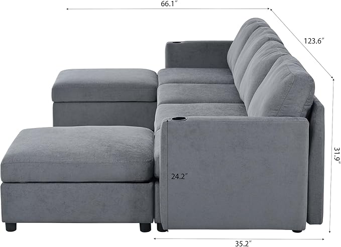 ERYE Oversized Chenille Upholstered Modular Storage Sectional Sofa Couch W/2 Movable Ottomans & Cupholders, U-Shaped Free Combined Sofa Couch Convertible Sleeper Sofabed for Living Room Apartment