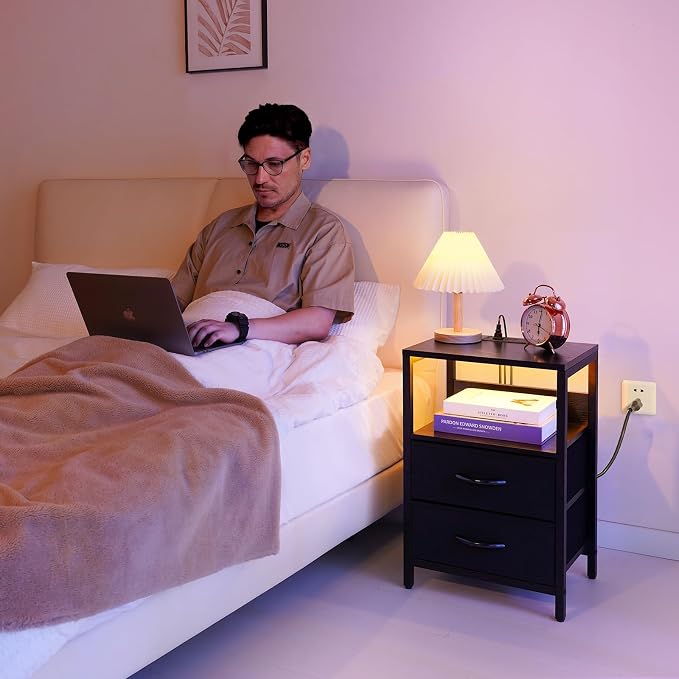 Yoobure Nightstand with Charging Station, LED Night Stand with Fabric Drawers and Storage Shelf for Bedroom, Nightstands Bedside Tables with USB Ports & Outlets, Small Night Stands, Bed Side Table - Image 2