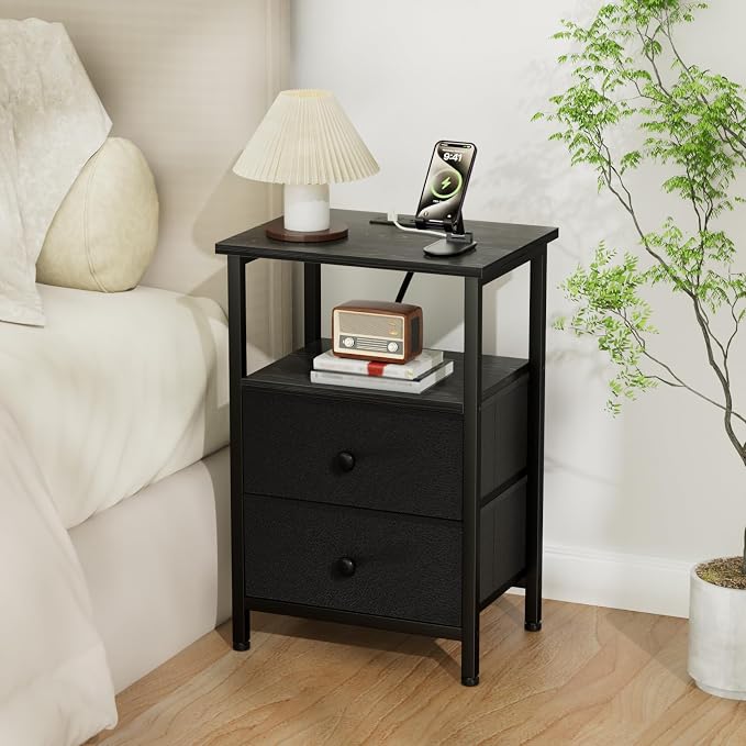 LOAKEKEL Night Stand with Charging Station, Small Bedside Table with 2 Fabric Drawers, Nightstand with USB Ports & Outlets for Bedroom, Black, HETS020BK-1 - Image 2