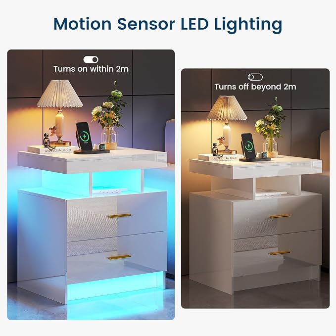 HNEBC Auto LED Nightstand with Wireless Charging Station & USB Ports,High Gloss Bedside Tables with 2 Drawers,Floating Nightstand with 3 Color & Adjustable Brightness for Bedroom,White - Image 7