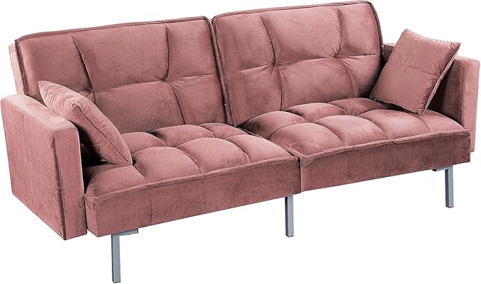 Regal 75.6" Velvet Convertible Sofa Bed - Mid-Century Sleeper Couch w/Tufted Design & Metal Legs - Pull-Out Futon for Guests/Home (75.6" W x 34.6" D x 32" H), Rose