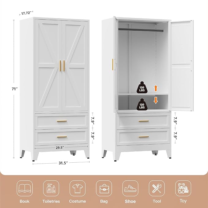 LCAOPC 71" Tall Metal Wardrobe Cabinet with 2 Drawers and Hanging Rod, 2 Doors Armoire Wardrobe Closet with Shelf for Bedroom, Office, Laundry Room, White