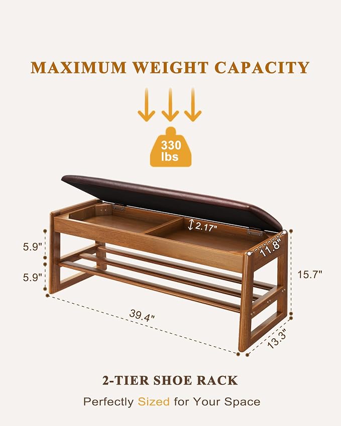 Shoe Rack Bench with Hidden Storage, 2-Tier Solid Rubberwood Entryway Bench with Soft Leather Cushioned Seat & Flip-Top Storage, 330lbs Capacity, Wooden Shoe Organizer for Hallway, Closet, Foyer - Image 2