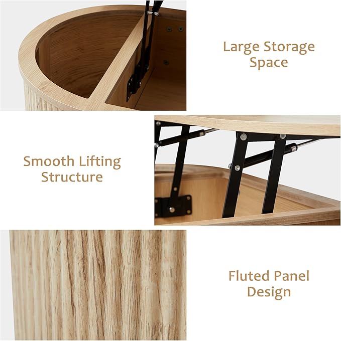 QHITTY Fluted Coffee Table with Lifting Top, Oval Wood Lift Top Coffee Table with Hidden Compartment, Mid Century Pull up Center Tables for Living Room, Office - Natural