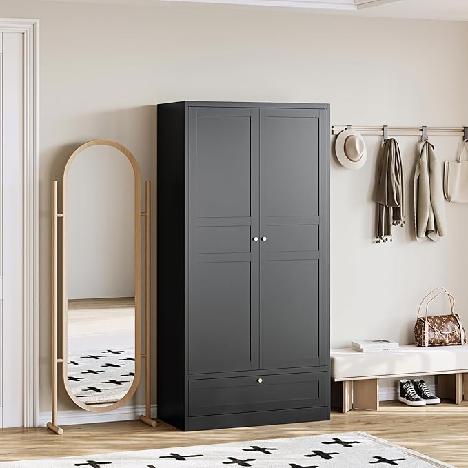 Metal Wardrobe Armoire Wardrobe Closet with Drawers Clothing Locker Steel Wardrobe Cabinet Metal Storage Cabinet 2 Door Closet Cabinet with Hanging Rod for Home Office Bedroom 72" X 36" X 18" Black