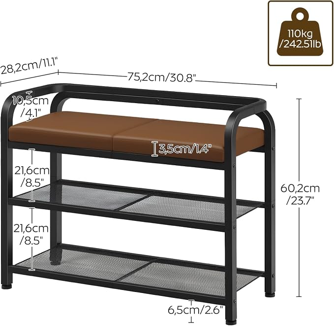 YATINEY Shoe Bench with Backrest, Entryway Bench, 2-Tier Shoe Rack with PU Padded Seat, Upholstered Shoe Storage Bench with Back, for Hallway, Entryway, Foyer, Bedroom, Brown and Black HX04BV - Image 3