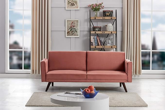 72" Retro Velvet Sofa Bed - Vintage Modern Convertible Futon w/Reclining Backrest - Velvet Upholstery on Solid Wood Frame (72" L x 34.6" W x 30.23" H), Rose