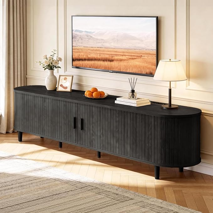 70" Mid Century Modern TV Stand with Power Outlet, Fluted Entertainment Center with Storage and Adjustable Shelves, Wood TV Console with Sliding Doors for Living Room, Black by Unknown