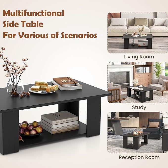 Giantex Rectangle Wood Center Table, 41 Inch 2-Tier Large Modern Tea Table w/Open Compartment, Easy Assembly, Accent Coffee Table for Living Room, Reception Room, Black