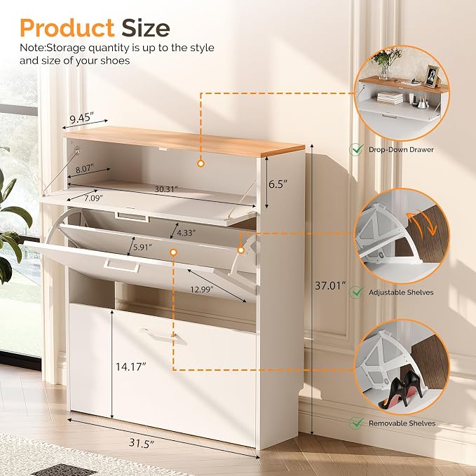 VINGLI Set of 2 Shoe Cabinet for Entryway, 2-Pack 31.5" W Extra Wide Slim Shoe Organizer with 2 Flip & 1 Drop-Down Drawers, Modern White Shoes Rack with Oak Top, Narrow Cabinet for Hallway - Image 2