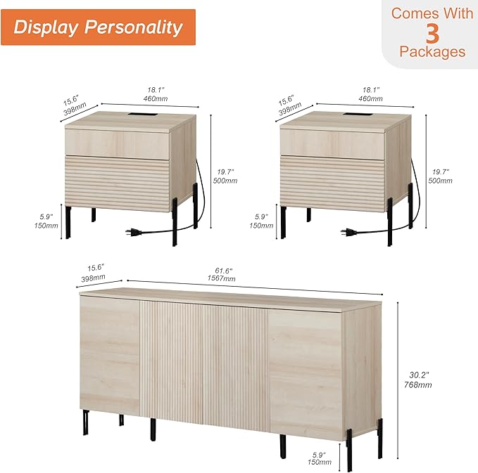 WAMPAT 3 Pieces Bedroom Set, Fluted Storage Cabinet and Set of 2 Night Stands with Charging Station for Bedroom, Wood Dresser and Nightstand Set of 2, Wide Storage Organizer Cabinet for Bedroom, Beige