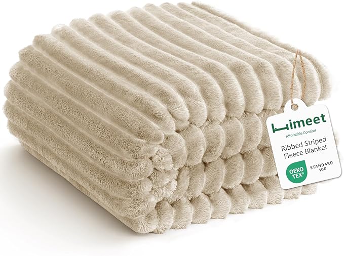 IMEET Linen Ribbed Twin Blanket for Bed - 300GSM Lightweight Soft Fleece Blanket for Men Women, Cozy Blankets Graduation Birthday Gifts, Striped Spring Home School Dorm Decor, Linen, 60x80 Inches