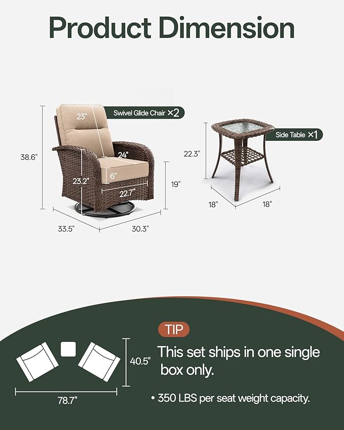 Patio Furniture Set with 6-Inch Thick Cushions, High Back Outdoor Swivel Rocker Chairs and Side Table, 3-Piece Easy Assembly Conversation Set for Porch Deck Balcony Yard in Beige