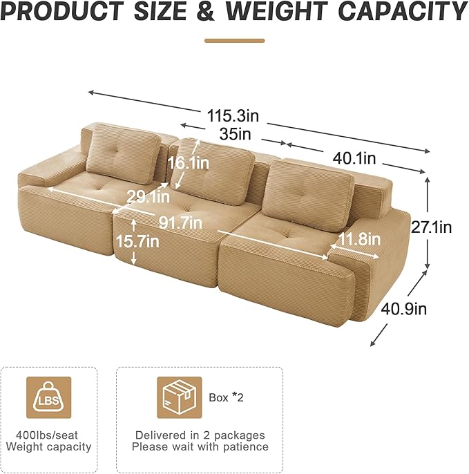 Casaphoria 115'' Camel Corduroy Sofa, Boneless Sectional Couch with 3 Pillows for Modern Living Room, Deep Seat Sofa No Assembly Modular Cloud Couch