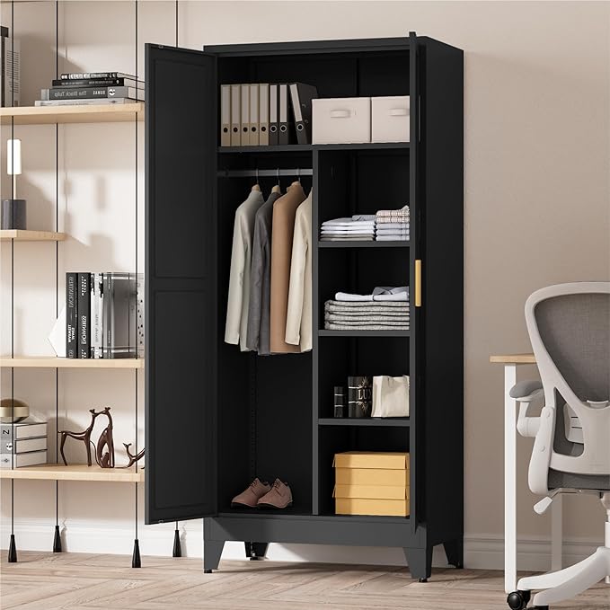 LCAOPC 71" Tall Metal Wardrobe Closet with Adjustable Shelves and Hanging Rod, 2 Doors Office Storage Locker Cabinet for Home, Office, Bedroom, Laundry Room, Black