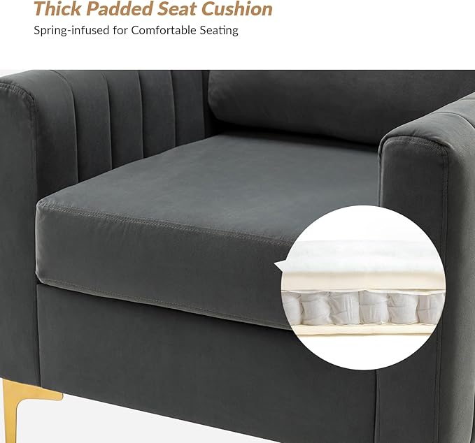 HULALA HOME Velvet Accent Club Chair, Modern Velvet Armchair Upholstered Accent Sofa Chair with Gold Metal Legs Mid-Century Barrel Leisure Comfy Reading Armchair, Grey