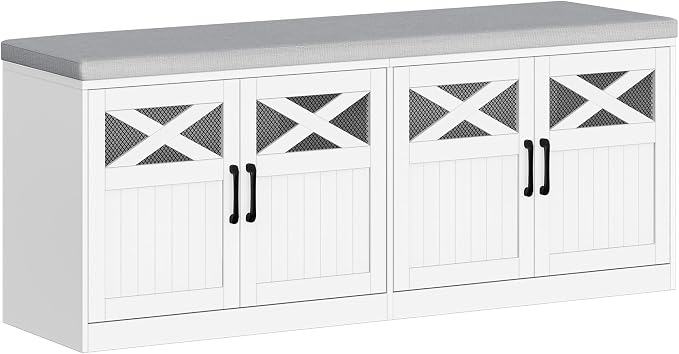 Hzuaneri 2 Tier Shoe Storage Bench with Doors, 47.2" Farmhouse Shoe Bench with Padded Cushion, 12 Pairs of Bed End Bench, Entryway Bench with Storage for Bedroom, Living Room, White SB61203X by Hzuaneri