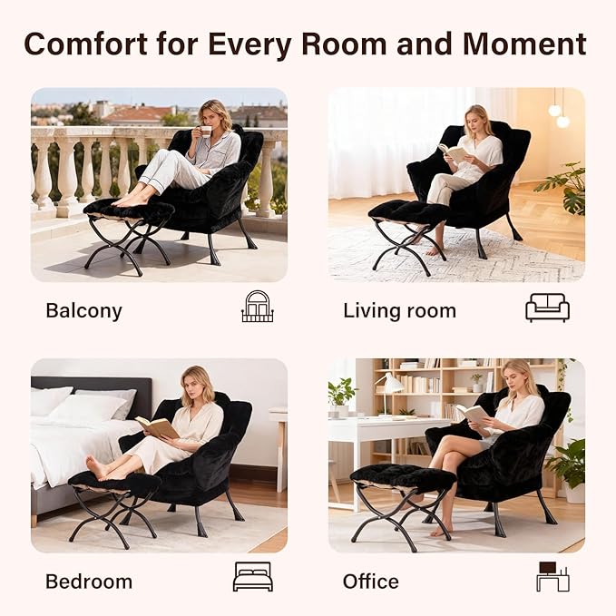 Lazy Chair with Ottoman, Modern Accent Chair Sofa Chair with Armrests, Reading Chair and Folding Footstool for Living Room, Bedroom, Office, Plush Black