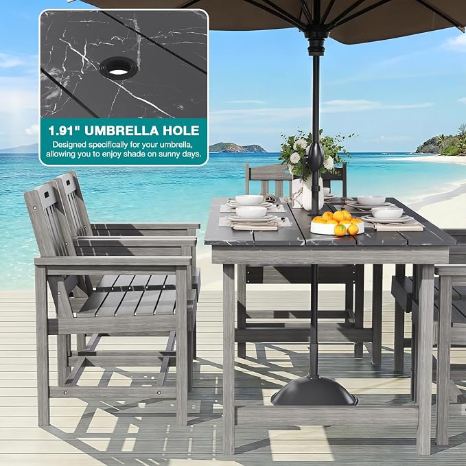 Mdeam 7-Piece HIPS Outdoor Dining Set, 66.9" Marble Texture Patio Table with Umbrella Hole, 440LBS Capacity, 6 Wider Chairs, Dining Table Set for 6, Outdoor Furniture with Galvanized Steel Frame, Grey - Image 4
