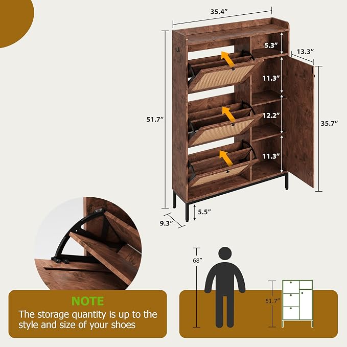 GarveeHome Shoe Cabinet Rattan with 3 Flip Drawers and 4-Tier Shoe Storage Cabinet, Freestanding Shoe Organizer with Adjustable Shelves for Entryway, Closet, Hallway (Tree Pomegranate) - Image 2