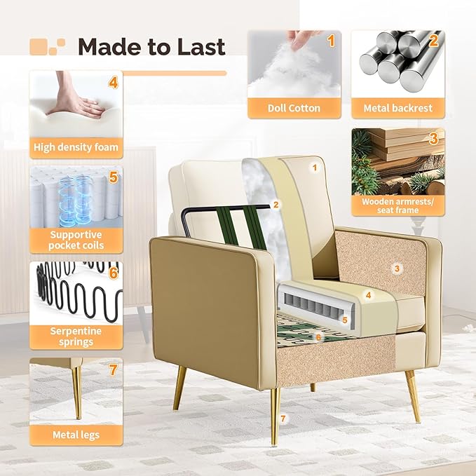 VINGLI Modern PU Leather Accent Chair, Single Sofa Chair with Pocket Coil Seat, Metal Backrest & Solid Wood Frame, Upholstered Armchair for Living Room, Bedroom or Office