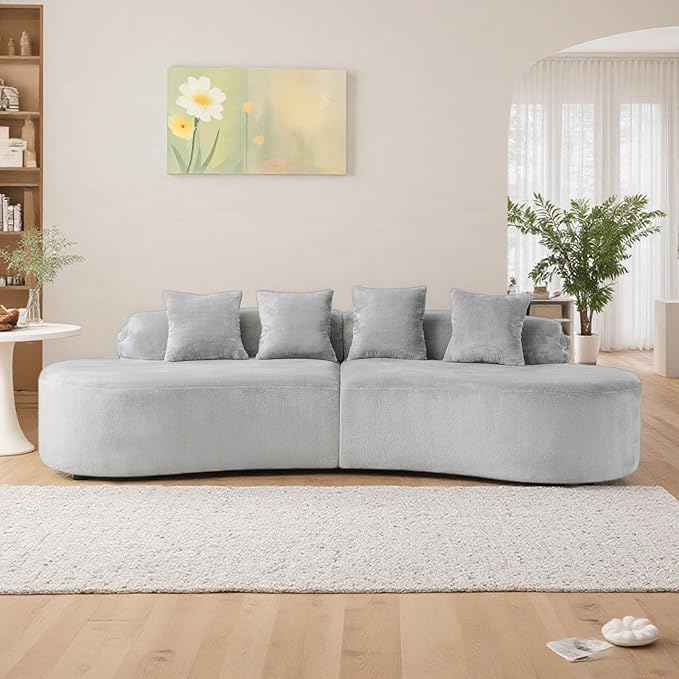 Curved Multi-Seater Sofa, Modern Modular Sofa with Cylindrical Backrest & 4 Coordinating Pillows, 111'' Flannelette Leisure Combination Couch with Ergonomic Design for Living Room, Light Grey