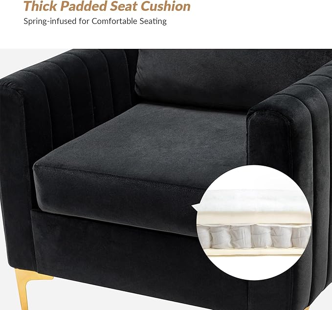HULALA HOME Velvet Accent Club Chair, Modern Velvet Armchair Upholstered Accent Club Chair with Gold Metal Legs Mid-Century Barrel Leisure Comfy Reading Armchair, Black