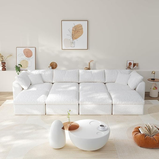 Modular Sectional Sofa Boneless Cloud Couch for Living Room, U Shape Deep Seat Recliner Sofa with Ottoman, Adjustable Backrest & 2 Throw Pillows - Covers Washable, (White, 4 Seater+4 Ottoman)