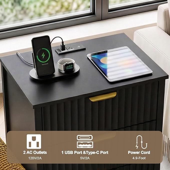 Fluted Nightstand with Charging Station, Modern Night Stand with 3 Drawers and Metal Handles, Large Bedside Table for Bedroom, Black - Image 4