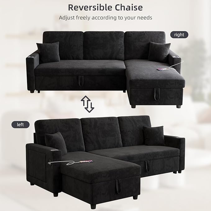 L-Shape Sleeper Sofa with Pull-Out Couch Bed, Storage & Ports, Cup Holders, Side Pockets & Side Table for Living Room, Apartment, Jet Black