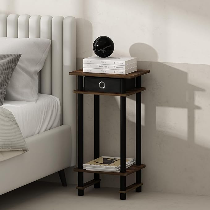Furinno Turn-N-Tube Tall Nightstand with Bin, 1-Pack, Plastic Poles, Amber Pine/Black by Furinno-FitsYourSpaceFitsYourBudget