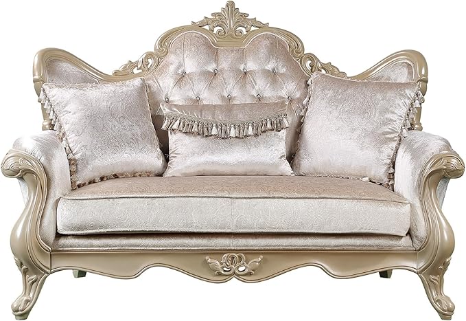 Acme Libertee Fabric Upholstered Loveseat with 3 Pillows in Beige/Champagne