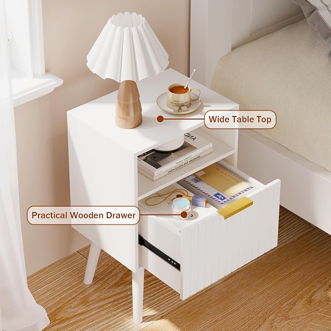 Aenuert Nightstand, 2-Tier Night Stand with Drawer, Wooden Bedside Table for Bedroom Study Room Small Spaces, White - Image 8