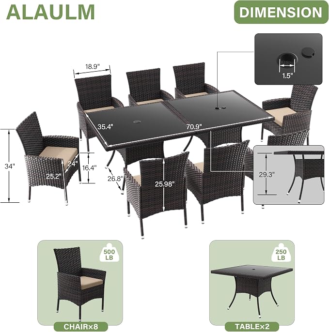 ALAULM 10 Piece Outdoor Patio Dining Set for 8 All-Weather Wicker Patio Furniture Set w/Tempered Glass Tabletop, Removable Cushions and Umbrella Hole for Patio, Backyard, Garden, Poolside (Brown) - Image 5