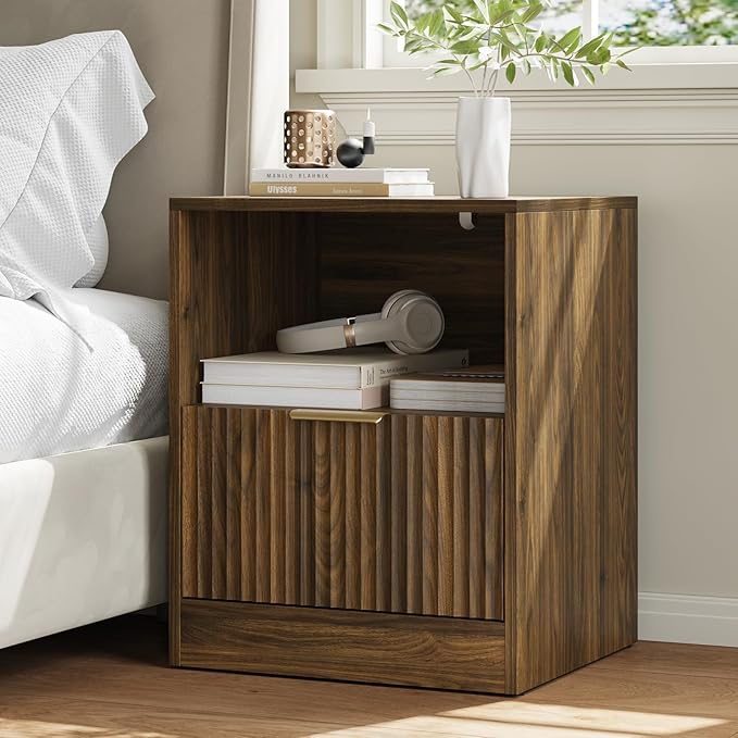 8 Drawer Dresser & Nightstand Set 3-Piece, 55” Wide Bedroom Dresser Set Night Stand Set of 2 with Metal Handle, Fluted Modern Wood Chest of Drawers Storage Dressers Set for Bedroom, Walnut
