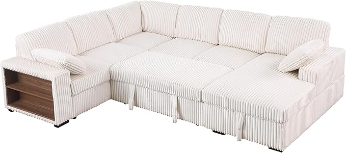 ERYE Oversized U-Shaped Pull Out Sleeper Couch Bed, Modern U Shaped Sleeper Sectional Sofa Corduroy Corner Convertible Sofa Bed with Storage Chaise Lounge and Cabinet
