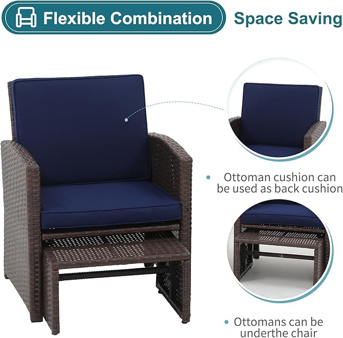 OC Orange-Casual 6 Piece Patio Wicker Furniture Set, Balcony All Weather Rattan Chair, with Space Saving Ottoman, Resin Nesting Coffee Table, Modern Design, Blue