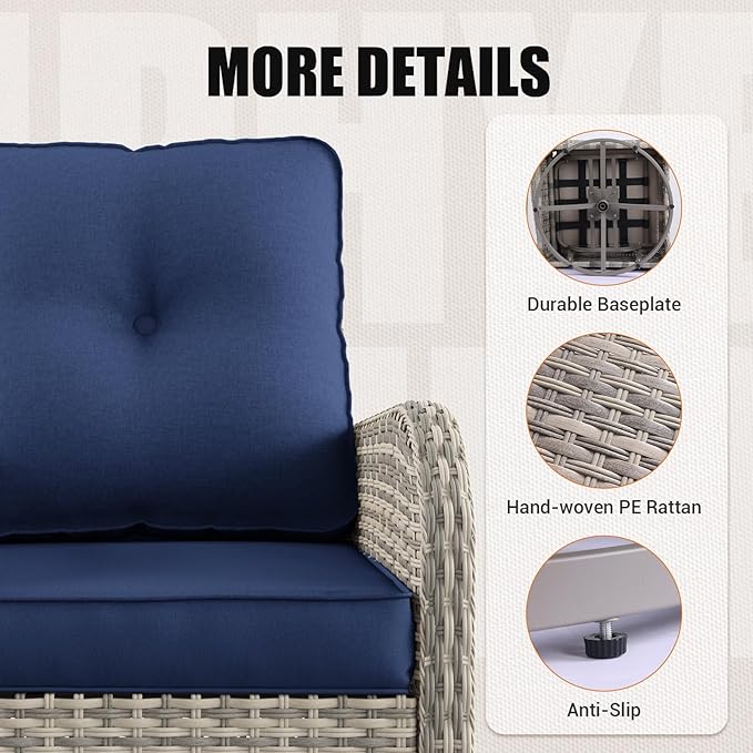 9-Piece Outdoor Rocking Swivel Chair Outdoor Wicker Rattan Bistro Set with Tempered Glass Side Table, Outdoor Patio Furniture Set, Navy Blue