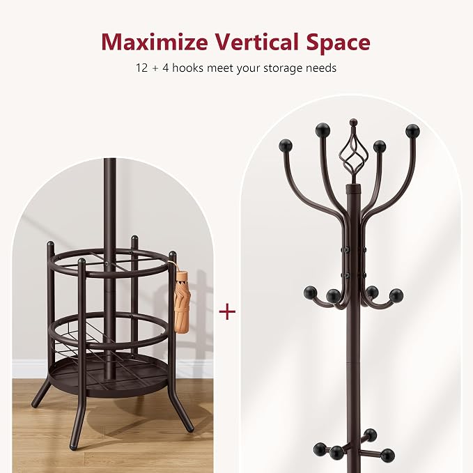 Tajsoon Coat Rack Stand with Umbrella Holder, Coat Tree Freestanding with 16 Hooks, Coat Hangers Stand for Living Room, Bedroom, Office, Brown - Image 6