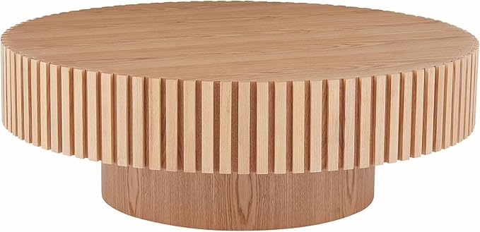 Round Coffee Table Wood Coffee Table for Living Room,Contemporary Drum Coffee Table with Handcrafted Relief,Fluted Side table Easy Assembly（please make sure this size is perfect for your space）