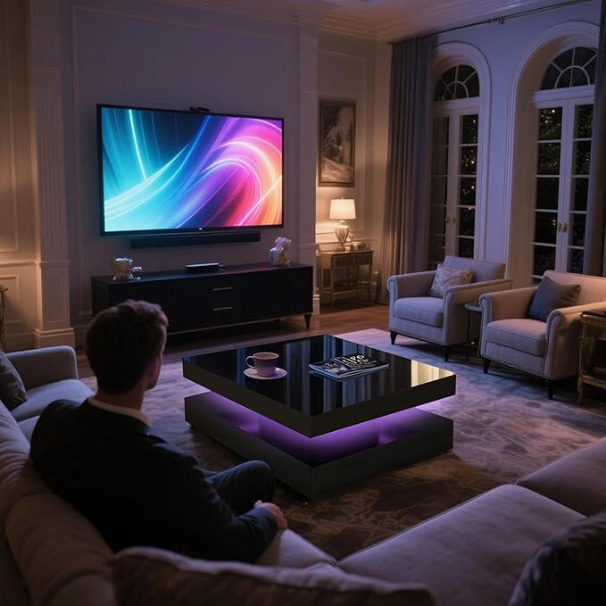 LED Coffee Table for Living Room, 2-Tier Modern Square Center Table with Music Sync Lights, High Gloss Surface, 30 3/4" x 30 3/4" (Black)