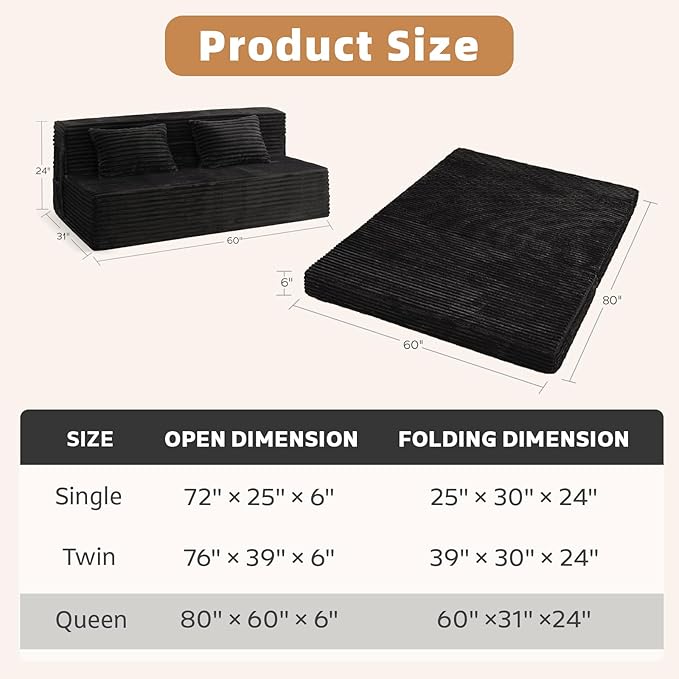 Convertible Foldable Sofa Bed Queen - 4 in 1 Sleeper Chair with Pillow, Fold Out Couch, High-Density Foam Floor Mattress, Space-Saving Futon for Living Dorm Guest Room and Office, Grey