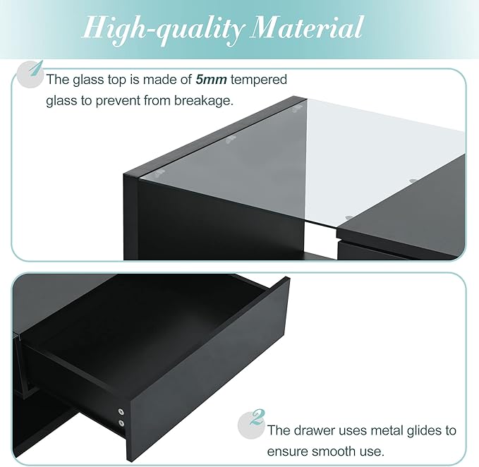 Modern Coffee Table with Tempered Glass, Wooden Cocktail Table with High-Gloss UV Surface, Modernist 2-Tier Rectangle Center Table for Living Room, Black