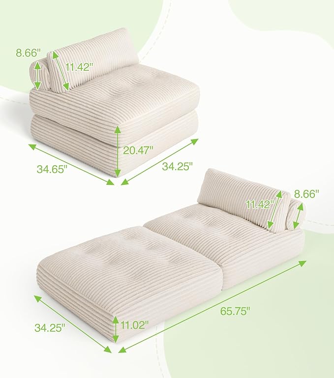 Plush Corduroy Folding Sofa Bed, Free Setup Floor Beds, 34" Boneless Couch for Small Spaces, Corner Chair, Convertible Sleeper Chair, Corner Couch, Foldable Sleeper Sofa Beds, Cream White