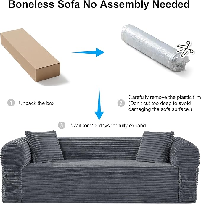83'' Boneless Couch in A Box, No Assembly Needed Sofa Bed Couch 3 Seater Corduroy Modern Cloud Sofa 29'' Deep Seat with 2 Pillows & Removable Backrest for Living Room, Bedroom, Apartment, Gray | No Assembly Needed, High Density Foam, Removable Backrest...