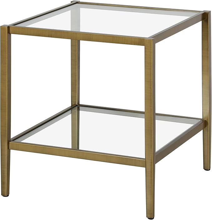 Henn&Hart 20" Wide Square Side Table with Glass Shelf in Antique Brass, Table for Living Room, Bedroom