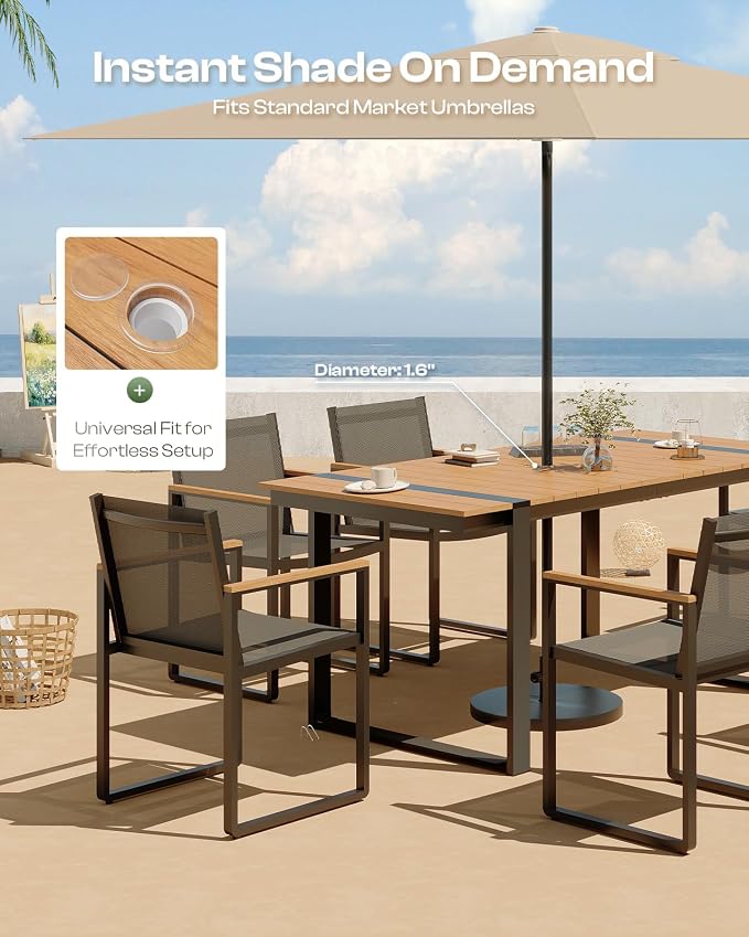 Outdoor Dining Set, HDPS + Aluminum Patio Table and Chairs Set with U-Shaped Base, 7 Piece Outdoor Furniture Set with Umbrella Hole, Patio Dining Table Set for Garden, Backyard (Gray-Teak) - Image 2