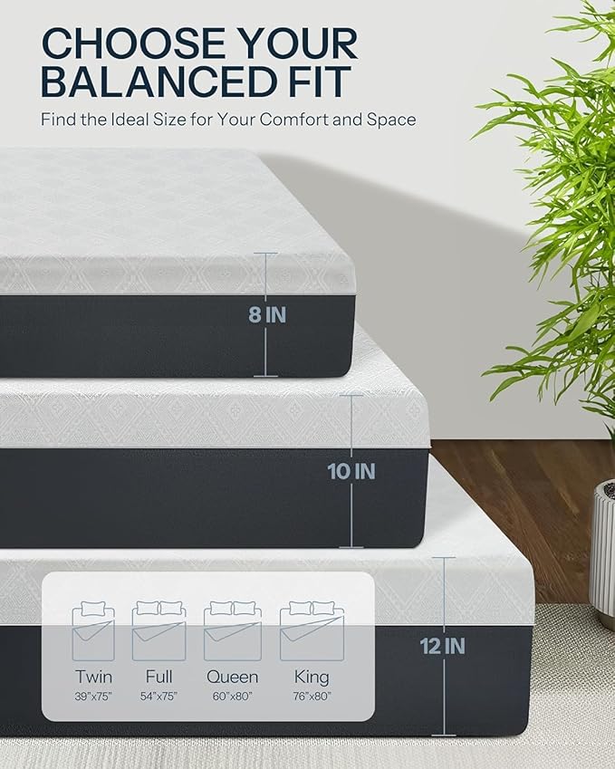 Life Balance 10 Inch Twin Size Mattress, Gel Memory Foam Mattress for Pressure Relief, Motion Isolation in Made in USA Mattresses, CertiPUR-US Certified, Medium Firm Twin Colchones CY-10-T