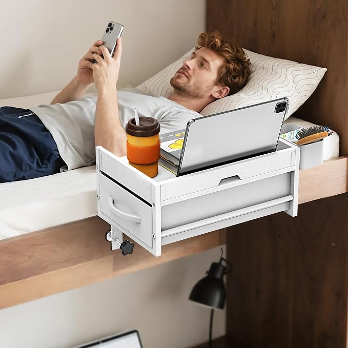 2 Tier Bedside Shelf for Dorm Bunk Bed, Under Mattress Bedside Shelf Clip On Nightstand with Fabric Drawer, Bed Side Table Tray Organizer, Bedside Tray with Cable Management, Back to School (white) - Image 9